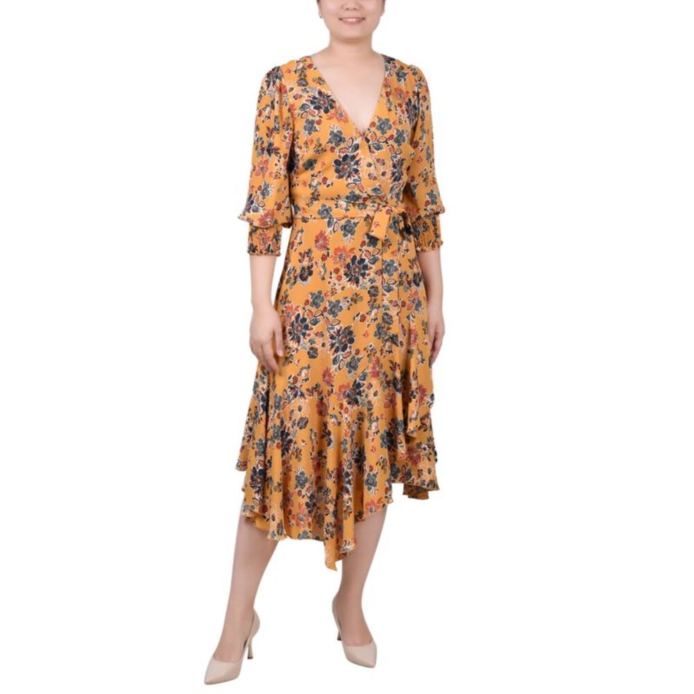 NY Collection Petite 3/4 Sleeve Belted Chiffon Handkerchief Hem Dress